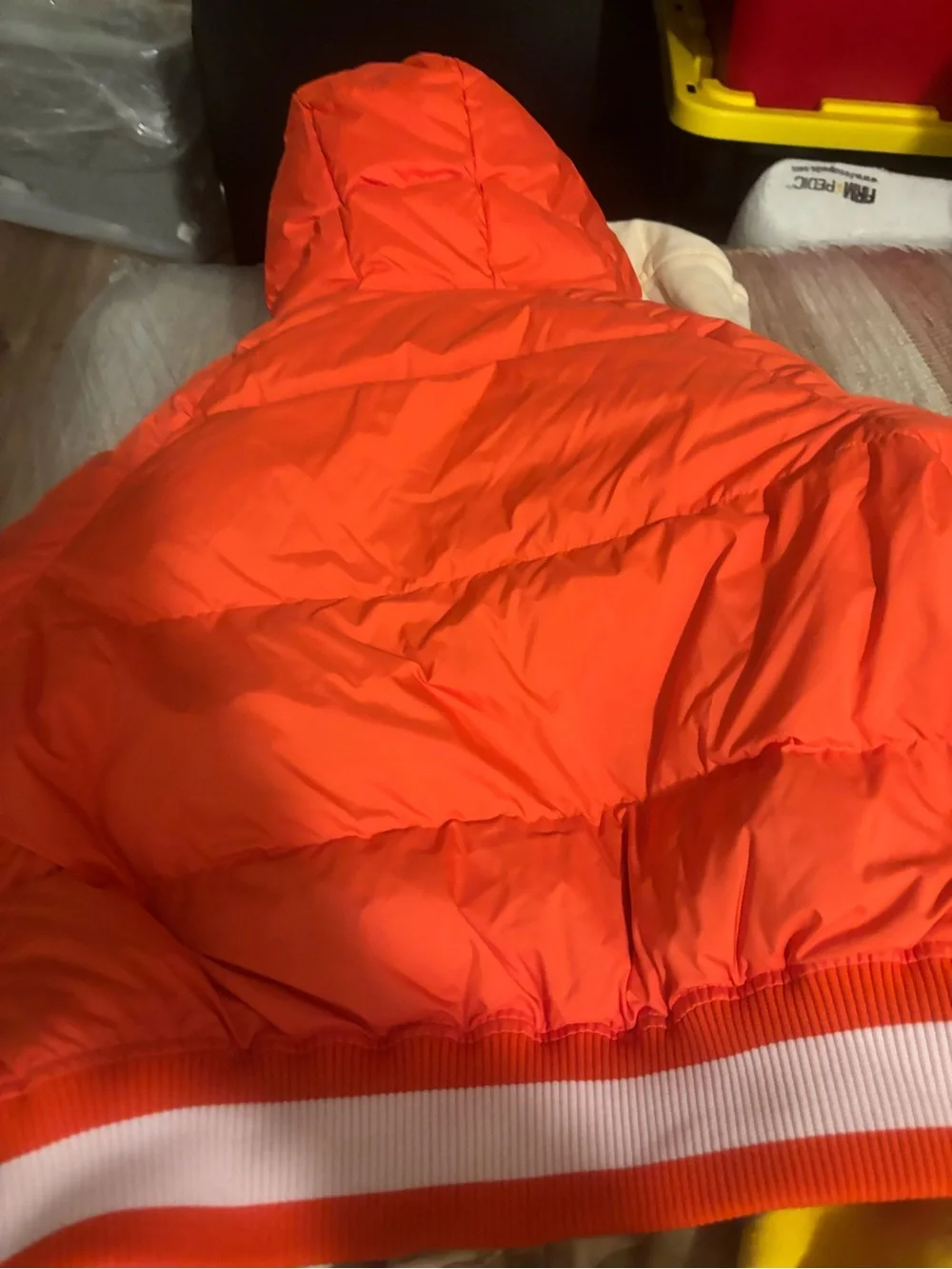 Burberry Kids Orange Hooded Puffer Jacket with Stripe Hem